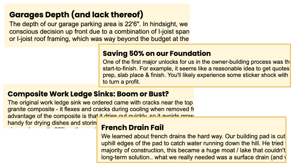 A infographic with partial screenshots of four "Field Notes." They are displayed as beige highlighted boxes on a white background, covering topics such as garage depth, composite work ledge sinks, foundation savings, and french drain failure.